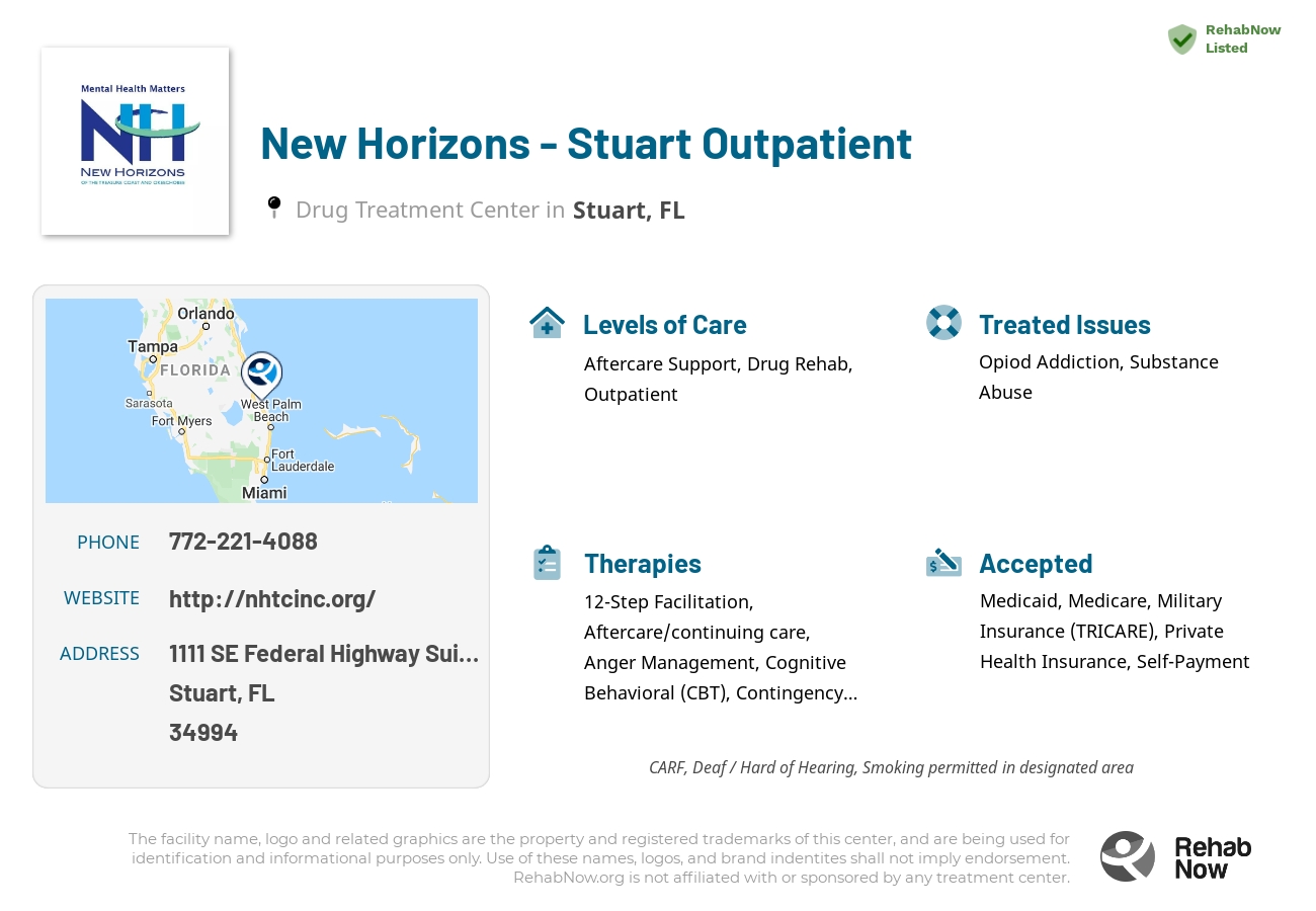 Helpful reference information for New Horizons - Stuart Outpatient, a drug treatment center in Florida located at: 1111 SE Federal Highway Suite 230, Stuart, FL 34994, including phone numbers, official website, and more. Listed briefly is an overview of Levels of Care, Therapies Offered, Issues Treated, and accepted forms of Payment Methods.