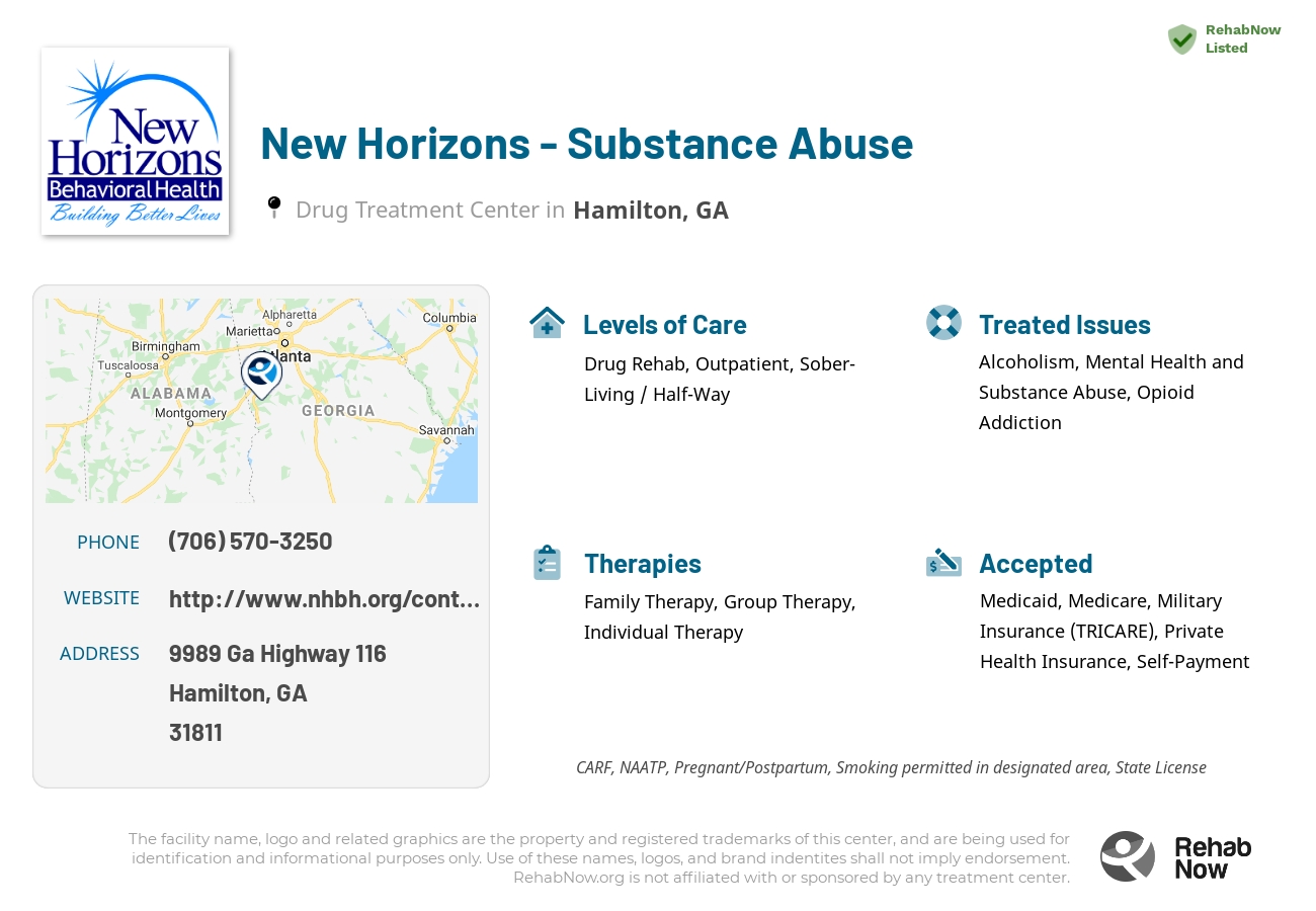 Helpful reference information for New Horizons - Substance Abuse, a drug treatment center in Georgia located at: 9989 9989 Ga Highway 116, Hamilton, GA 31811, including phone numbers, official website, and more. Listed briefly is an overview of Levels of Care, Therapies Offered, Issues Treated, and accepted forms of Payment Methods.