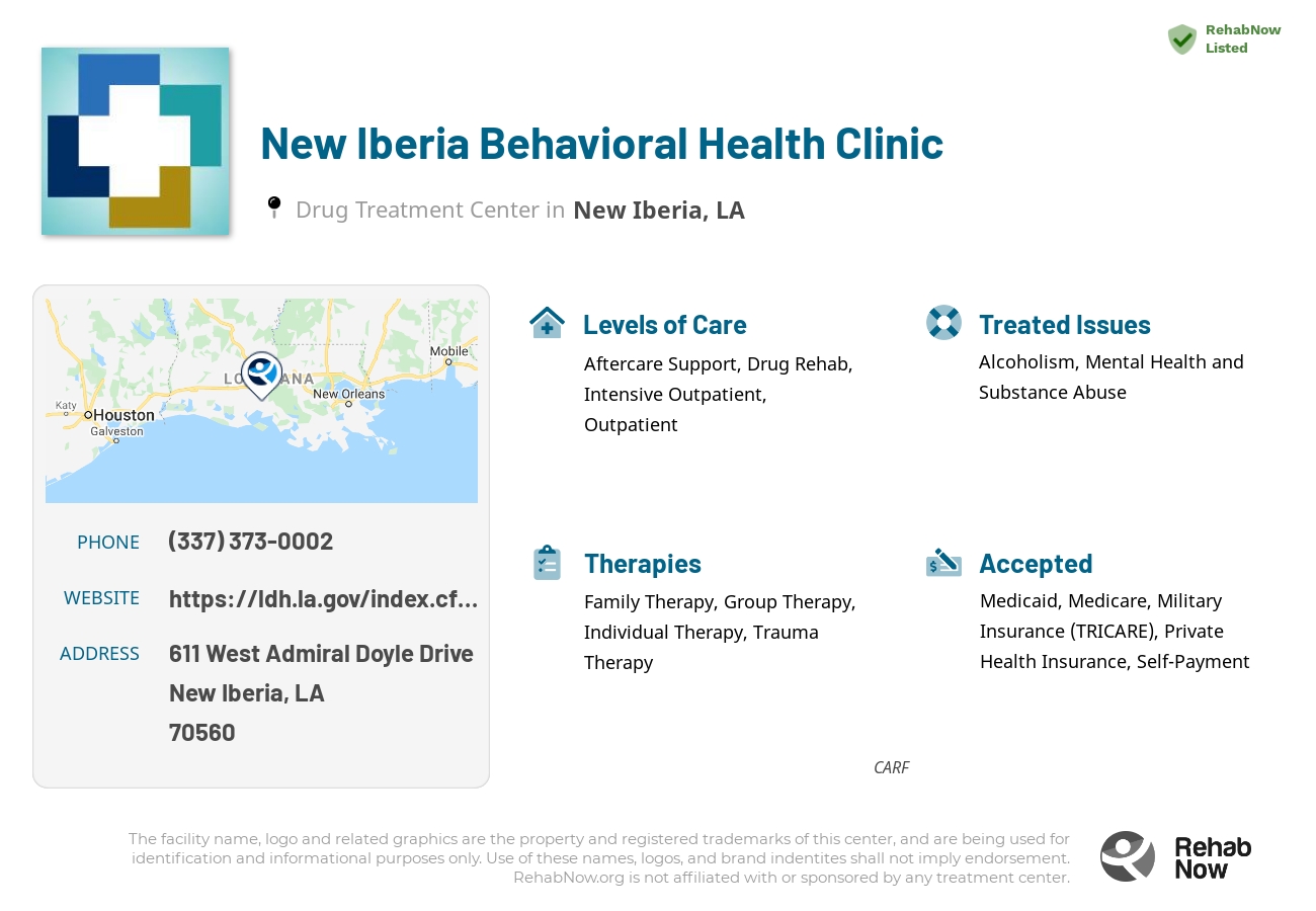 Helpful reference information for New Iberia Behavioral Health Clinic, a drug treatment center in Louisiana located at: 611 West Admiral Doyle Drive, New Iberia, LA, 70560, including phone numbers, official website, and more. Listed briefly is an overview of Levels of Care, Therapies Offered, Issues Treated, and accepted forms of Payment Methods.