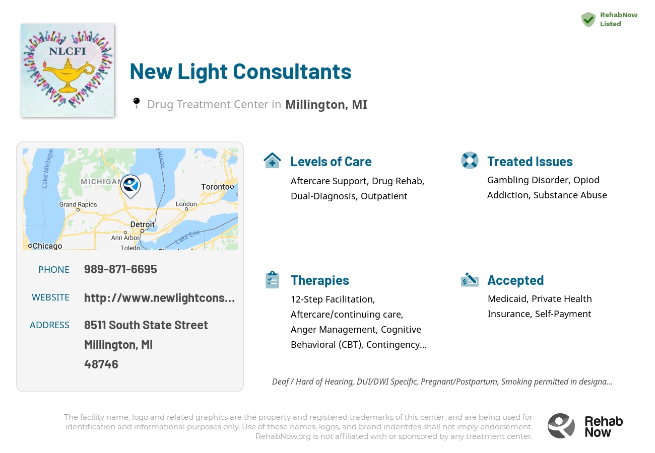 Helpful reference information for New Light Consultants, a drug treatment center in Michigan located at: 8511 South State Street, Millington, MI 48746, including phone numbers, official website, and more. Listed briefly is an overview of Levels of Care, Therapies Offered, Issues Treated, and accepted forms of Payment Methods.