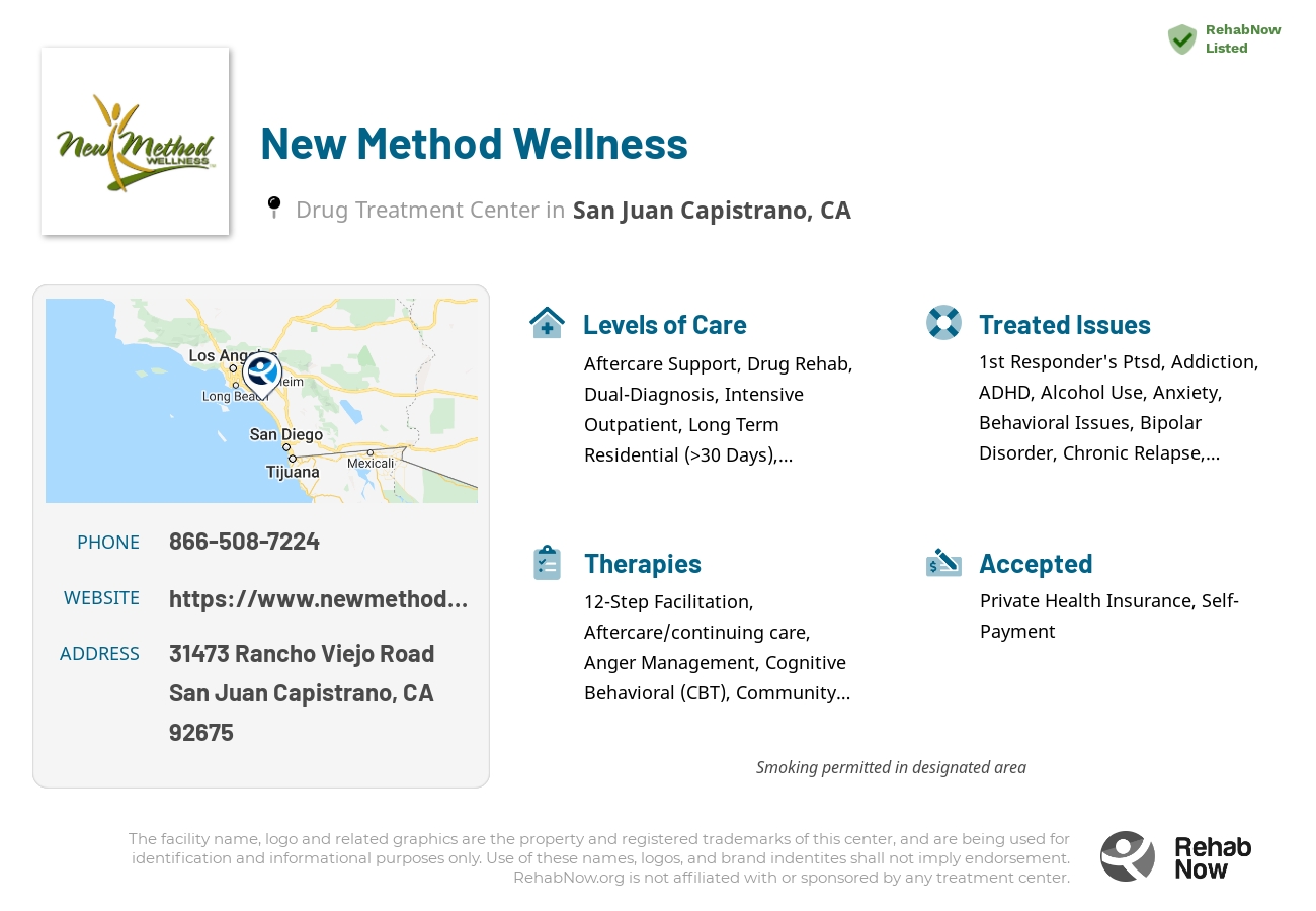Helpful reference information for New Method Wellness, a drug treatment center in California located at: 31473 Rancho Viejo Road, San Juan Capistrano, CA 92675, including phone numbers, official website, and more. Listed briefly is an overview of Levels of Care, Therapies Offered, Issues Treated, and accepted forms of Payment Methods.