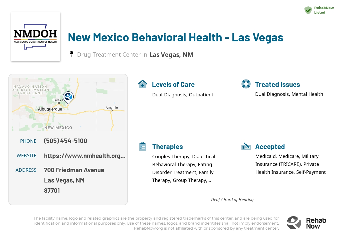 Helpful reference information for New Mexico Behavioral Health - Las Vegas, a drug treatment center in New Mexico located at: 700 700 Friedman Avenue, Las Vegas, NM 87701, including phone numbers, official website, and more. Listed briefly is an overview of Levels of Care, Therapies Offered, Issues Treated, and accepted forms of Payment Methods.