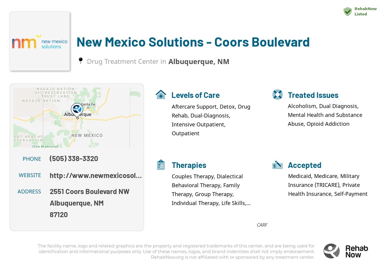 Helpful reference information for New Mexico Solutions - Coors Boulevard, a drug treatment center in New Mexico located at: 2551 2551 Coors Boulevard NW, Albuquerque, NM 87120, including phone numbers, official website, and more. Listed briefly is an overview of Levels of Care, Therapies Offered, Issues Treated, and accepted forms of Payment Methods.
