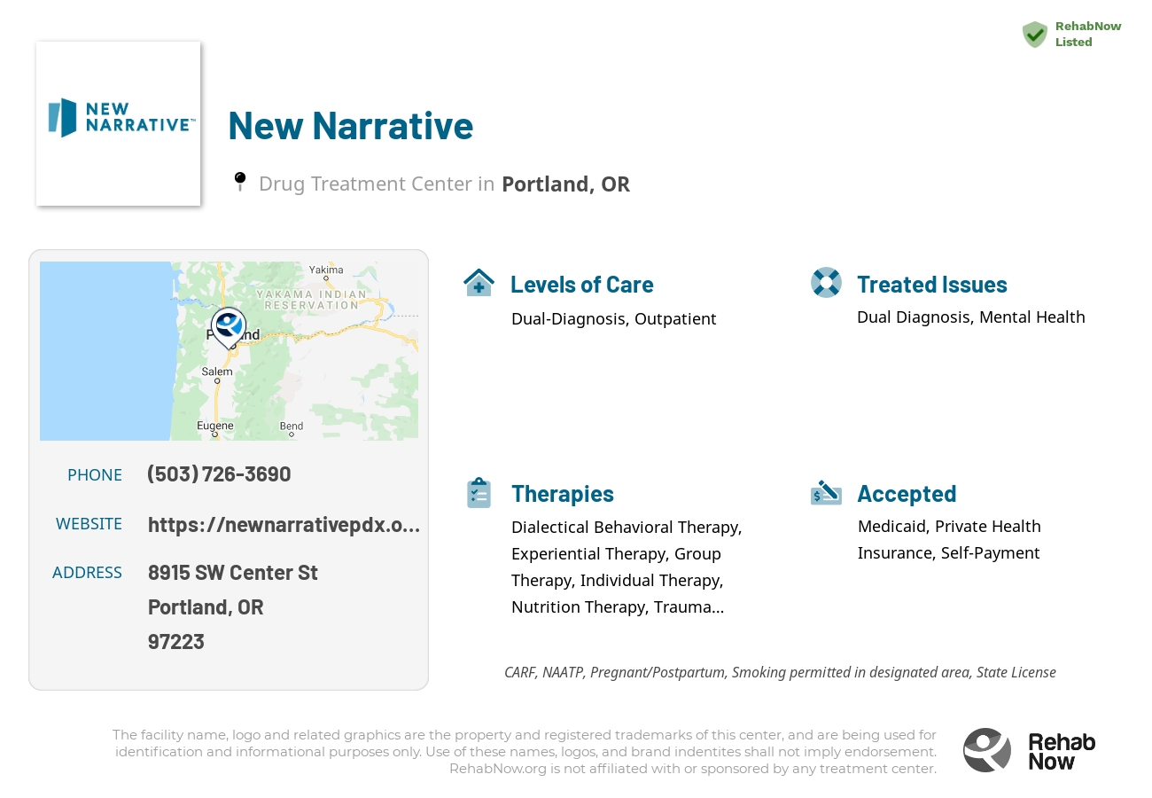 Helpful reference information for New Narrative, a drug treatment center in Oregon located at: 8915 SW Center St, Portland, OR 97223, including phone numbers, official website, and more. Listed briefly is an overview of Levels of Care, Therapies Offered, Issues Treated, and accepted forms of Payment Methods.