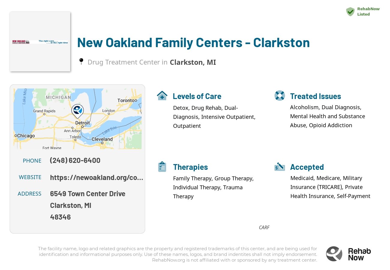 Helpful reference information for New Oakland Family Centers - Clarkston, a drug treatment center in Michigan located at: 6549 Town Center Drive, Clarkston, MI, 48346, including phone numbers, official website, and more. Listed briefly is an overview of Levels of Care, Therapies Offered, Issues Treated, and accepted forms of Payment Methods.