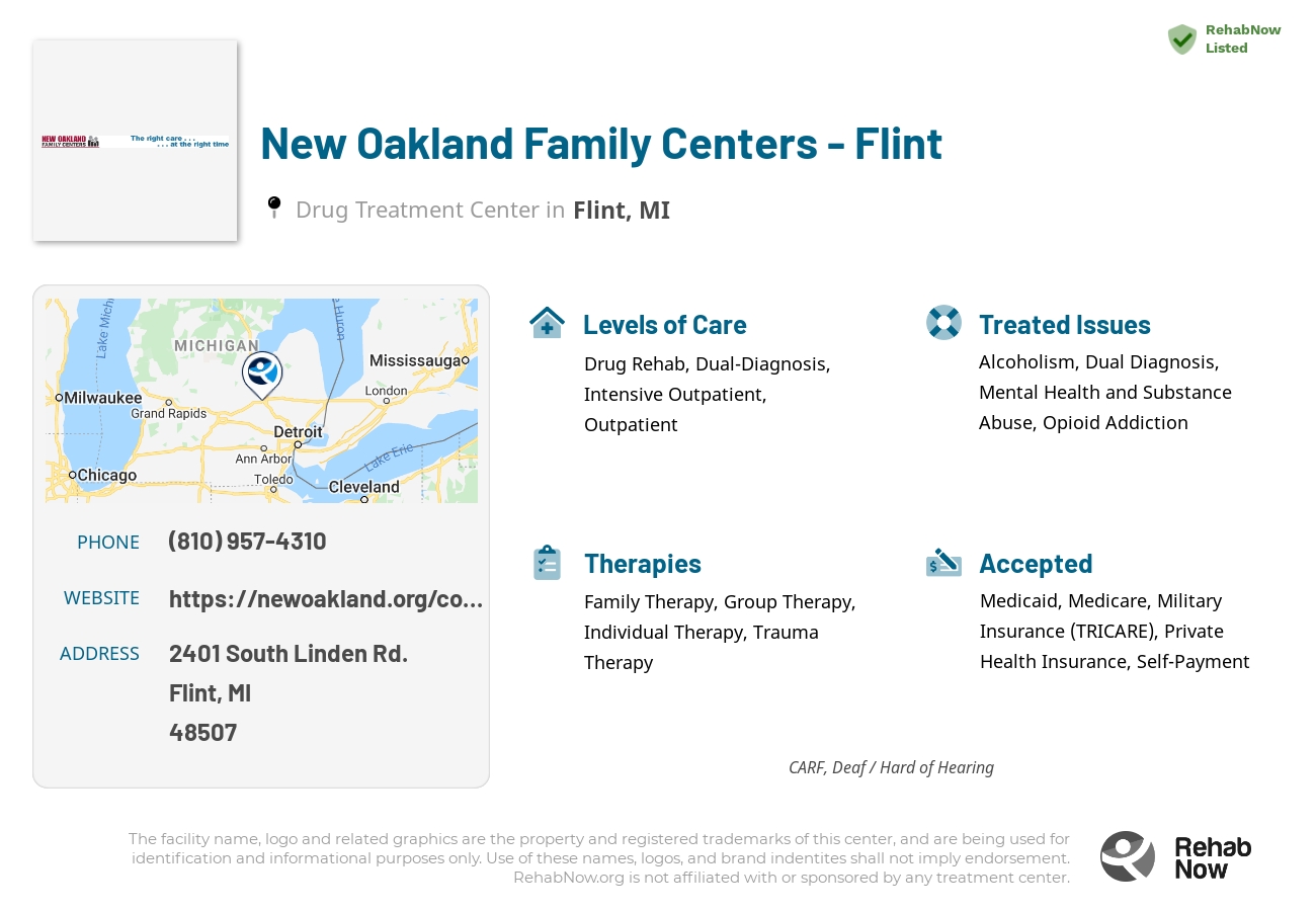 Helpful reference information for New Oakland Family Centers - Flint, a drug treatment center in Michigan located at: 2401 South Linden Rd., Flint, MI, 48507, including phone numbers, official website, and more. Listed briefly is an overview of Levels of Care, Therapies Offered, Issues Treated, and accepted forms of Payment Methods.