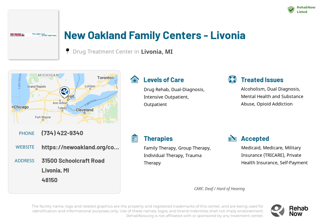 Helpful reference information for New Oakland Family Centers - Livonia, a drug treatment center in Michigan located at: 31500 Schoolcraft Road, Livonia, MI, 48150, including phone numbers, official website, and more. Listed briefly is an overview of Levels of Care, Therapies Offered, Issues Treated, and accepted forms of Payment Methods.