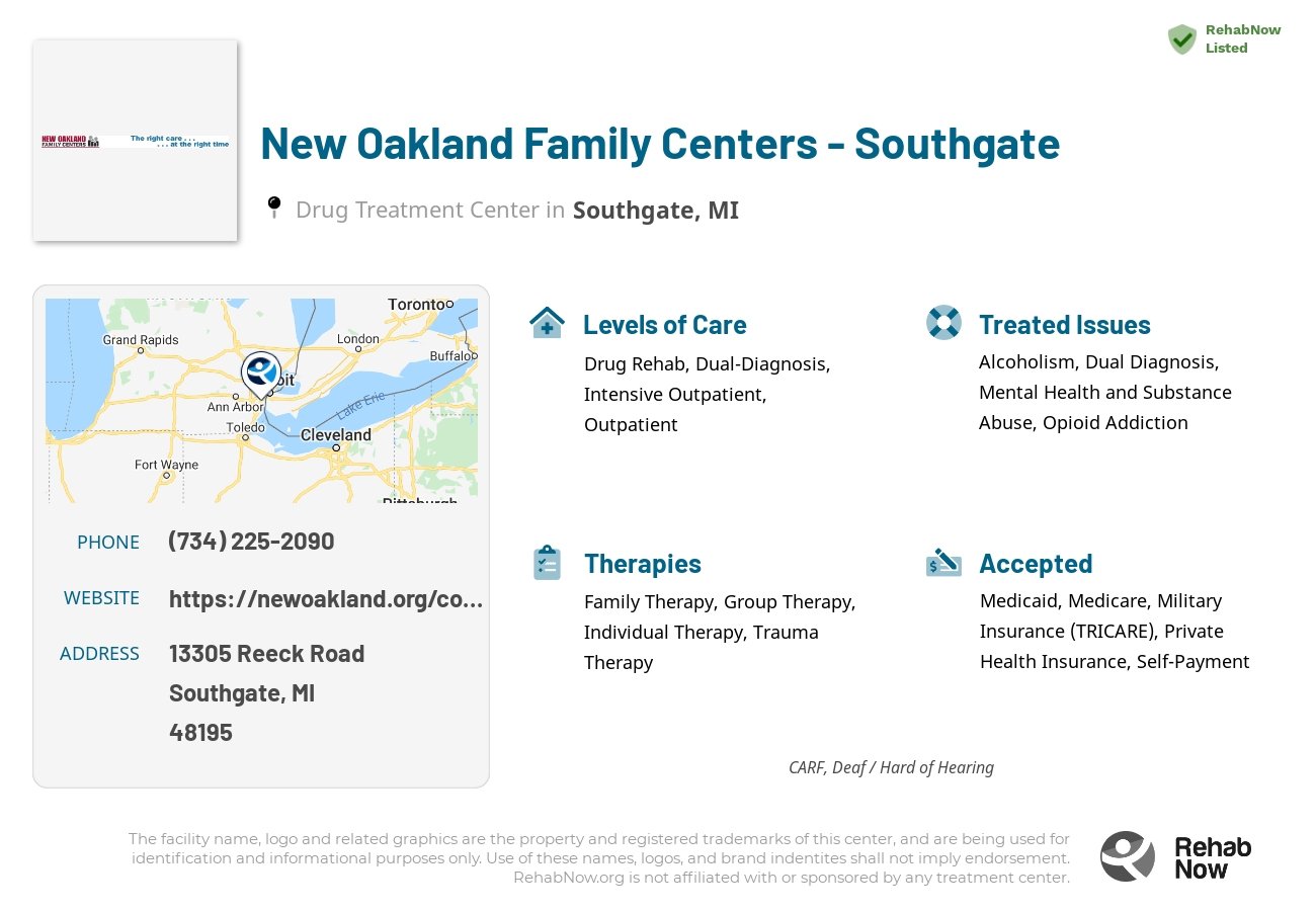Helpful reference information for New Oakland Family Centers - Southgate, a drug treatment center in Michigan located at: 13305 Reeck Road, Southgate, MI, 48195, including phone numbers, official website, and more. Listed briefly is an overview of Levels of Care, Therapies Offered, Issues Treated, and accepted forms of Payment Methods.