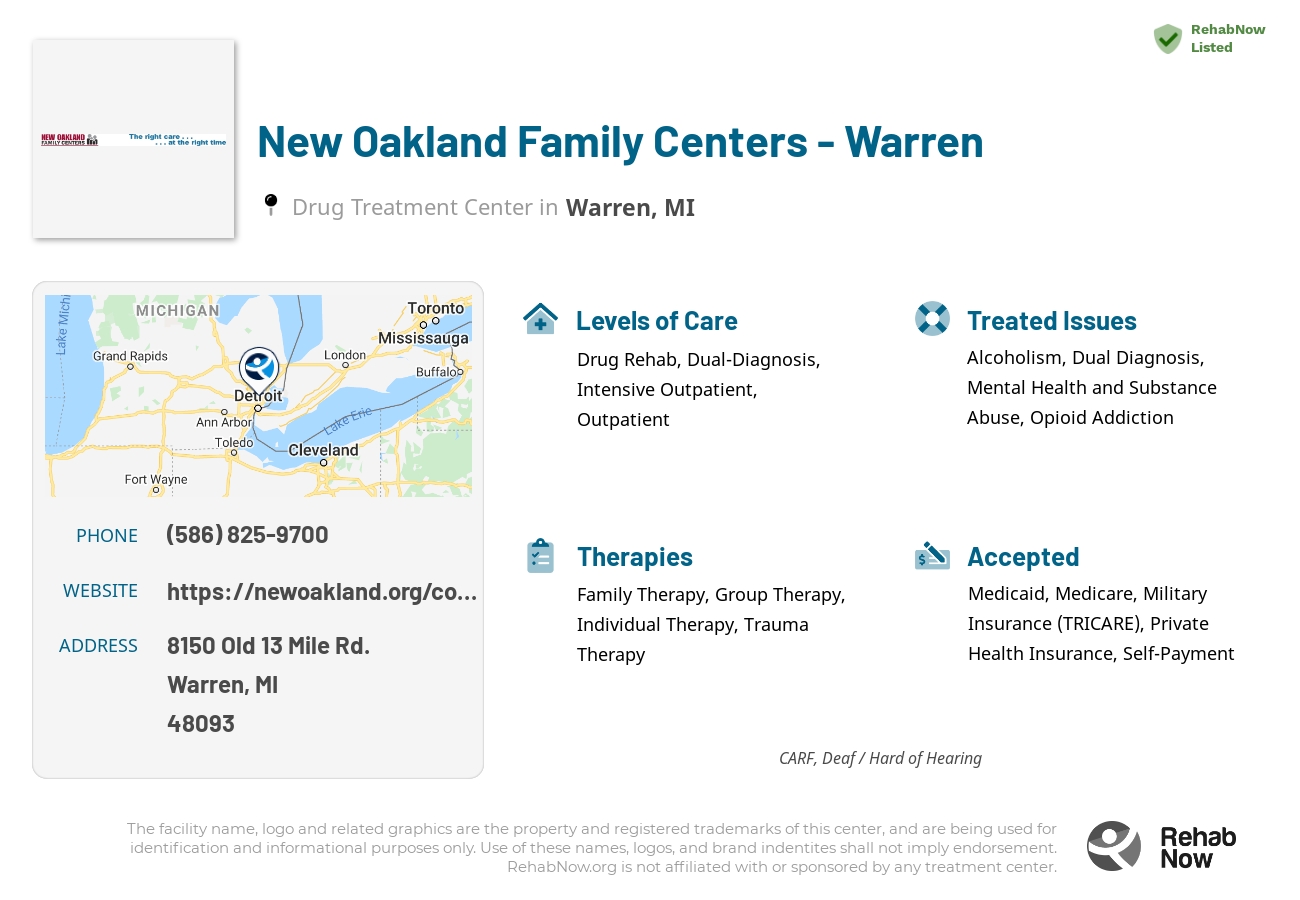 Helpful reference information for New Oakland Family Centers - Warren, a drug treatment center in Michigan located at: 8150 Old 13 Mile Rd., Warren, MI, 48093, including phone numbers, official website, and more. Listed briefly is an overview of Levels of Care, Therapies Offered, Issues Treated, and accepted forms of Payment Methods.
