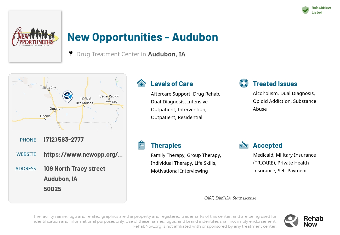 Helpful reference information for New Opportunities - Audubon, a drug treatment center in Iowa located at: 109 North Tracy street, Audubon, IA, 50025, including phone numbers, official website, and more. Listed briefly is an overview of Levels of Care, Therapies Offered, Issues Treated, and accepted forms of Payment Methods.
