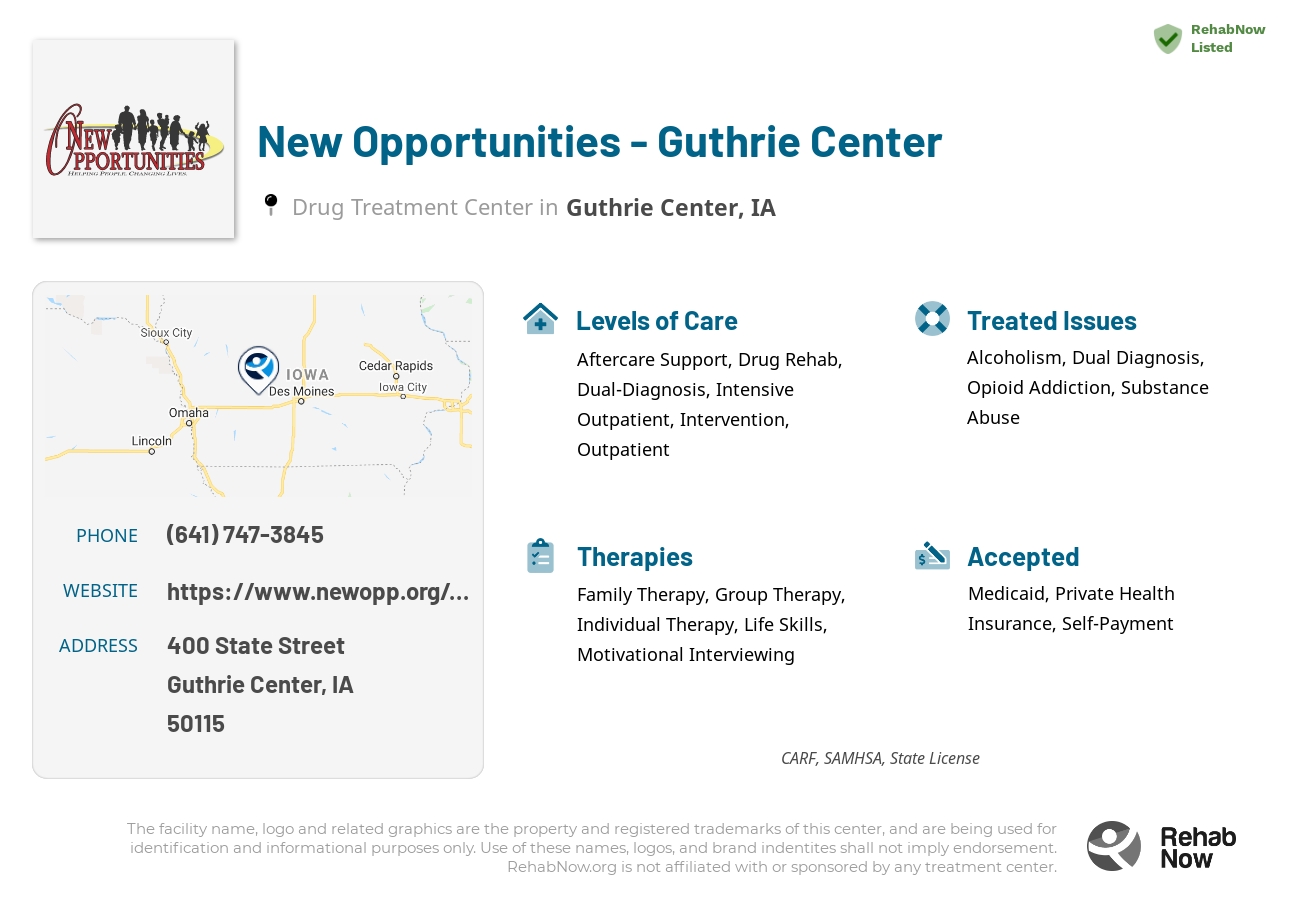 Helpful reference information for New Opportunities - Guthrie Center, a drug treatment center in Iowa located at: 400 State Street, Guthrie Center, IA, 50115, including phone numbers, official website, and more. Listed briefly is an overview of Levels of Care, Therapies Offered, Issues Treated, and accepted forms of Payment Methods.