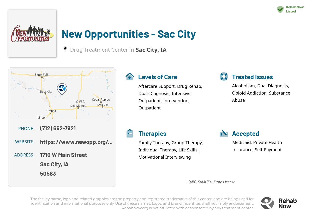 Helpful reference information for New Opportunities - Sac City, a drug treatment center in Iowa located at: 1710 W Main Street, Sac City, IA, 50583, including phone numbers, official website, and more. Listed briefly is an overview of Levels of Care, Therapies Offered, Issues Treated, and accepted forms of Payment Methods.