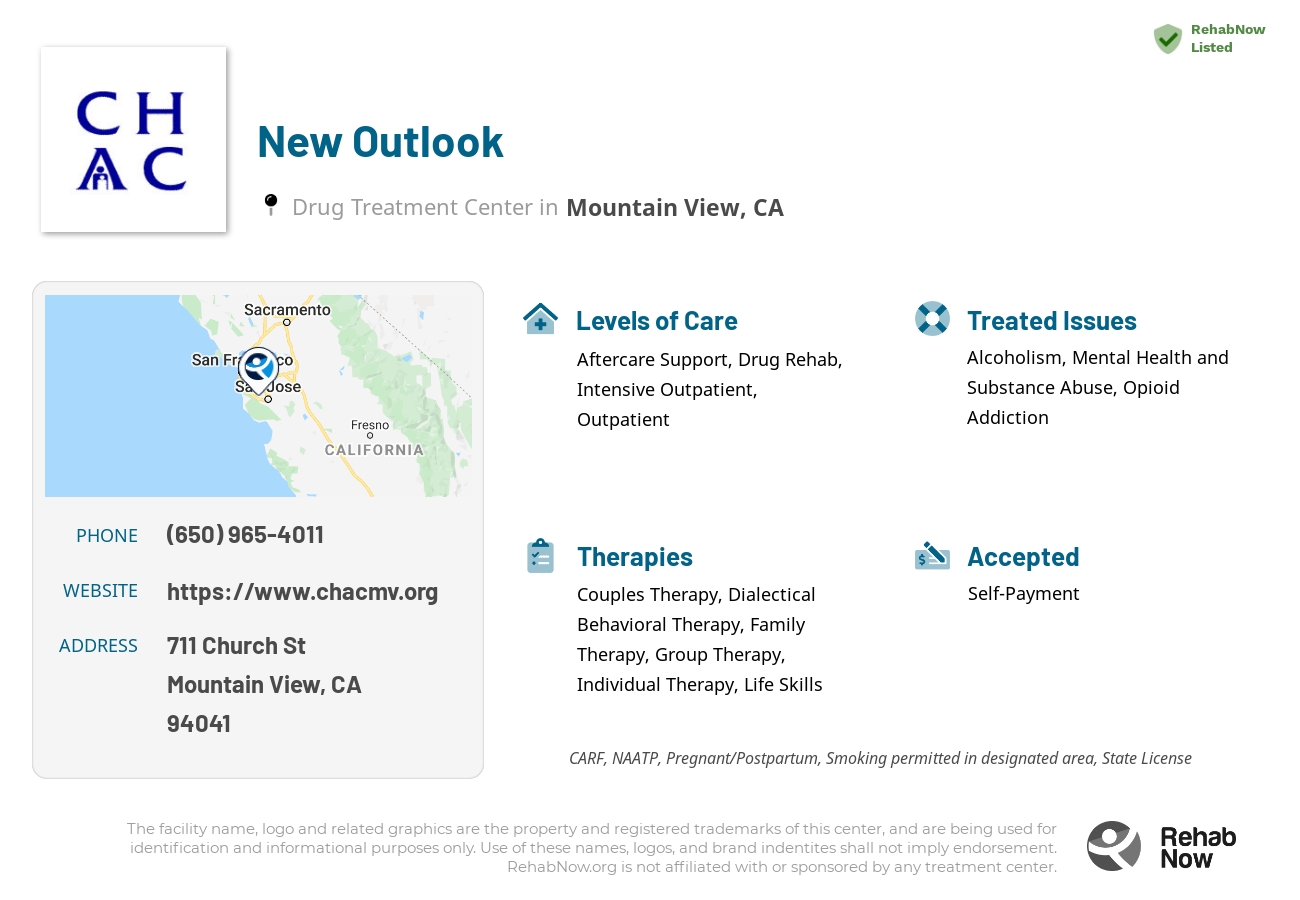Helpful reference information for New Outlook, a drug treatment center in California located at: 711 Church St, Mountain View, CA 94041, including phone numbers, official website, and more. Listed briefly is an overview of Levels of Care, Therapies Offered, Issues Treated, and accepted forms of Payment Methods.
