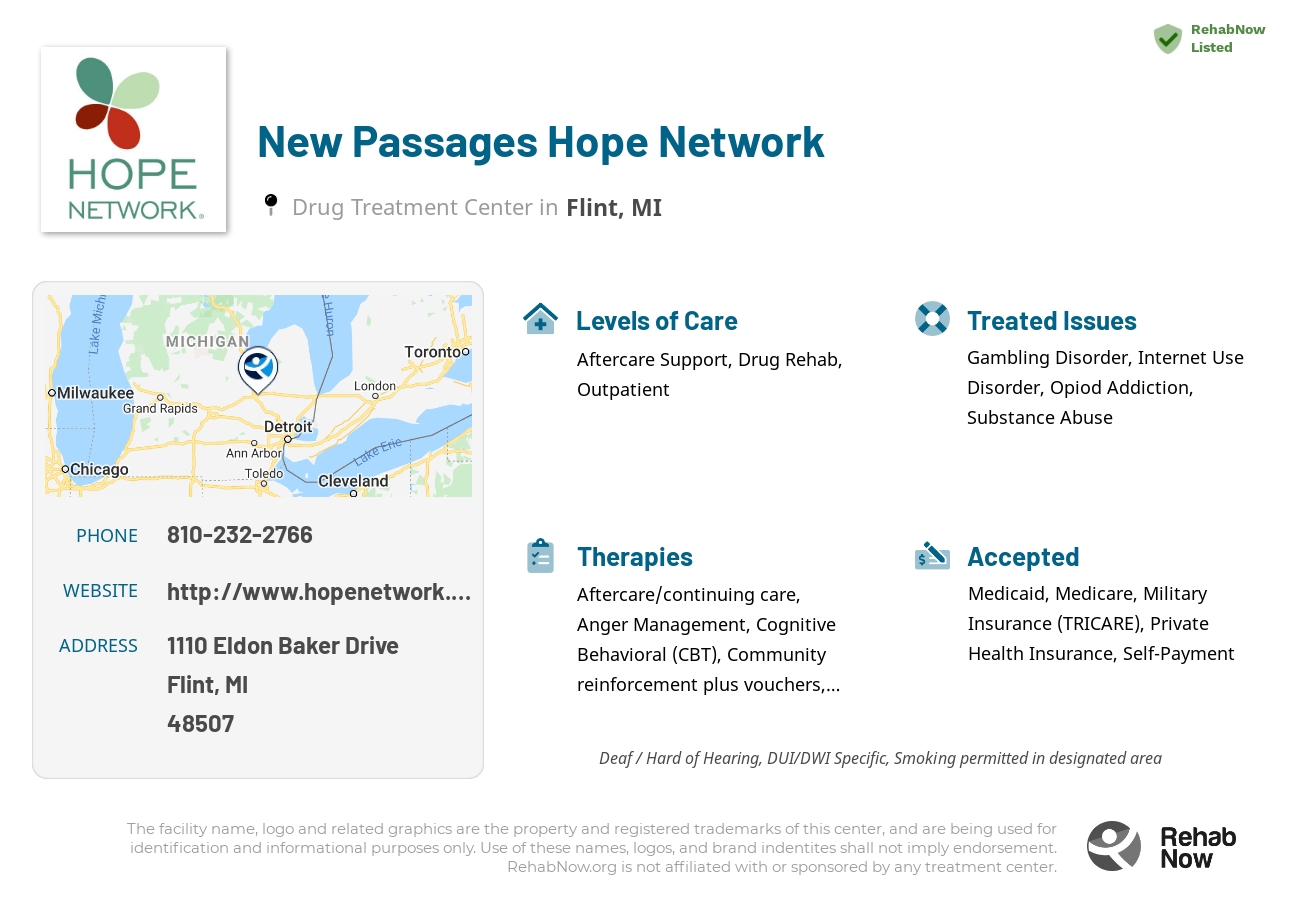 Helpful reference information for New Passages Hope Network, a drug treatment center in Michigan located at: 1110 Eldon Baker Drive, Flint, MI 48507, including phone numbers, official website, and more. Listed briefly is an overview of Levels of Care, Therapies Offered, Issues Treated, and accepted forms of Payment Methods.