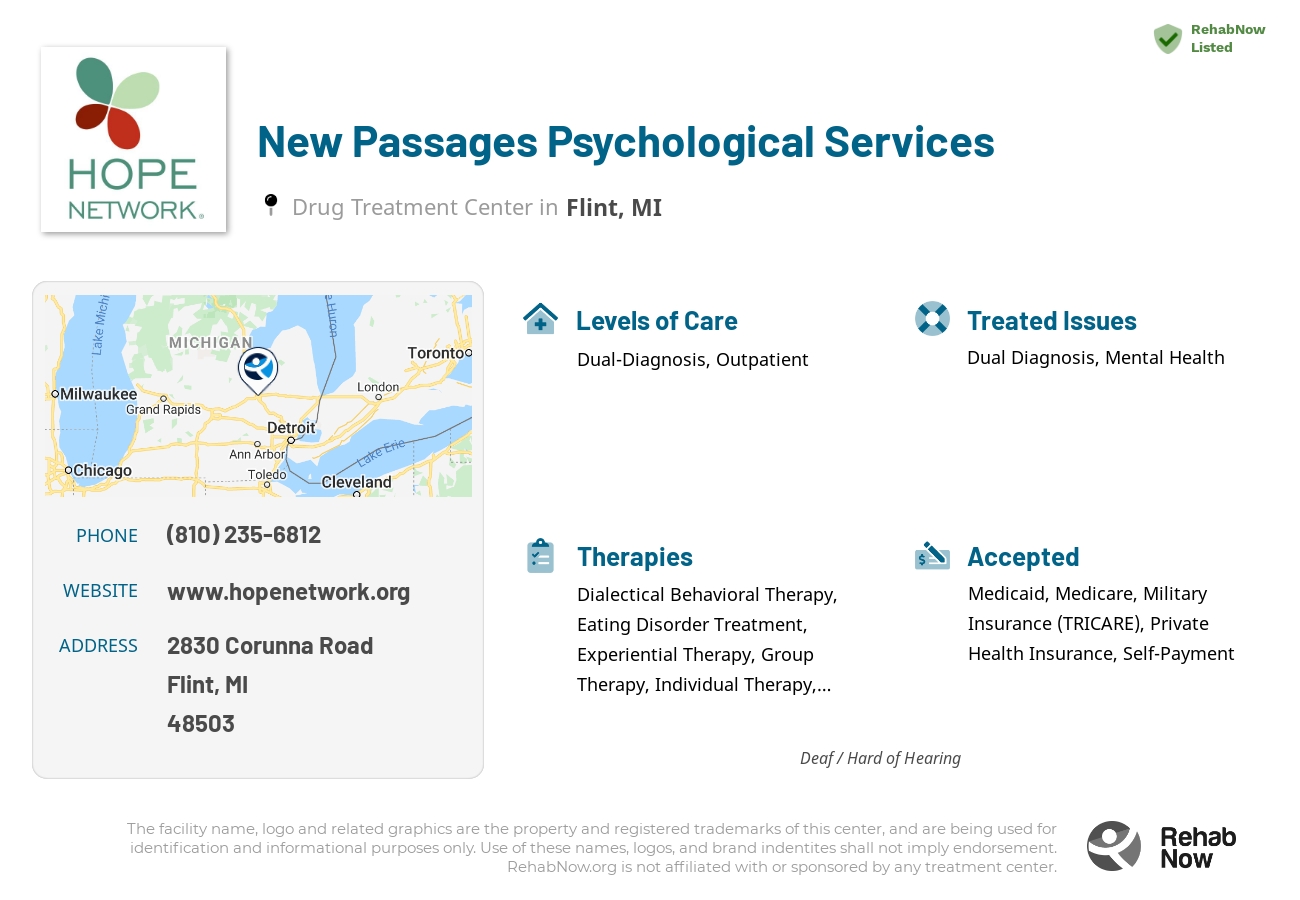 Helpful reference information for New Passages Psychological Services, a drug treatment center in Michigan located at: 2830 2830 Corunna Road, Flint, MI 48503, including phone numbers, official website, and more. Listed briefly is an overview of Levels of Care, Therapies Offered, Issues Treated, and accepted forms of Payment Methods.