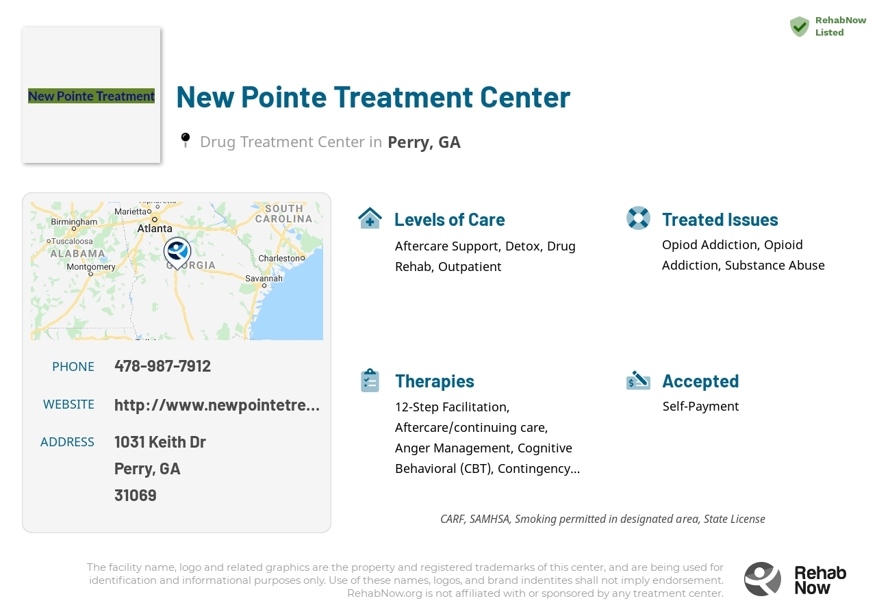 Helpful reference information for New Pointe Treatment Center, a drug treatment center in Georgia located at: 1031 Keith Dr, Perry, GA 31069, including phone numbers, official website, and more. Listed briefly is an overview of Levels of Care, Therapies Offered, Issues Treated, and accepted forms of Payment Methods.