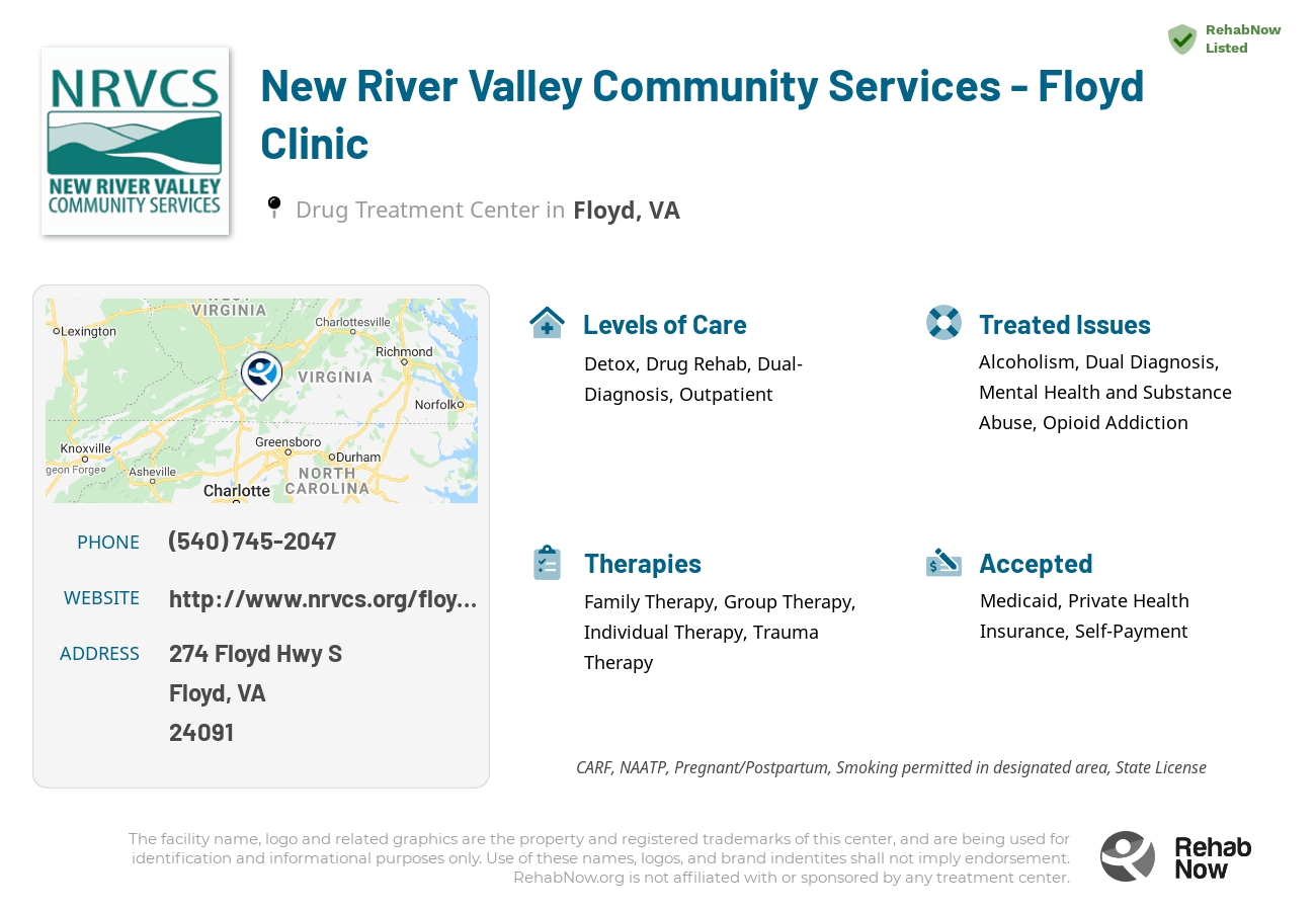 Helpful reference information for New River Valley Community Services - Floyd Clinic, a drug treatment center in Virginia located at: 274 Floyd Hwy S, Floyd, VA 24091, including phone numbers, official website, and more. Listed briefly is an overview of Levels of Care, Therapies Offered, Issues Treated, and accepted forms of Payment Methods.