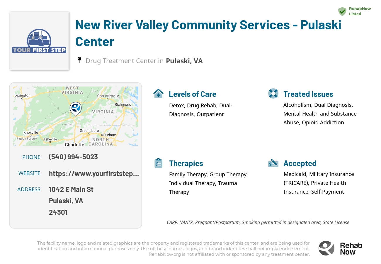 Helpful reference information for New River Valley Community Services - Pulaski Center, a drug treatment center in Virginia located at: 1042 E Main St, Pulaski, VA 24301, including phone numbers, official website, and more. Listed briefly is an overview of Levels of Care, Therapies Offered, Issues Treated, and accepted forms of Payment Methods.