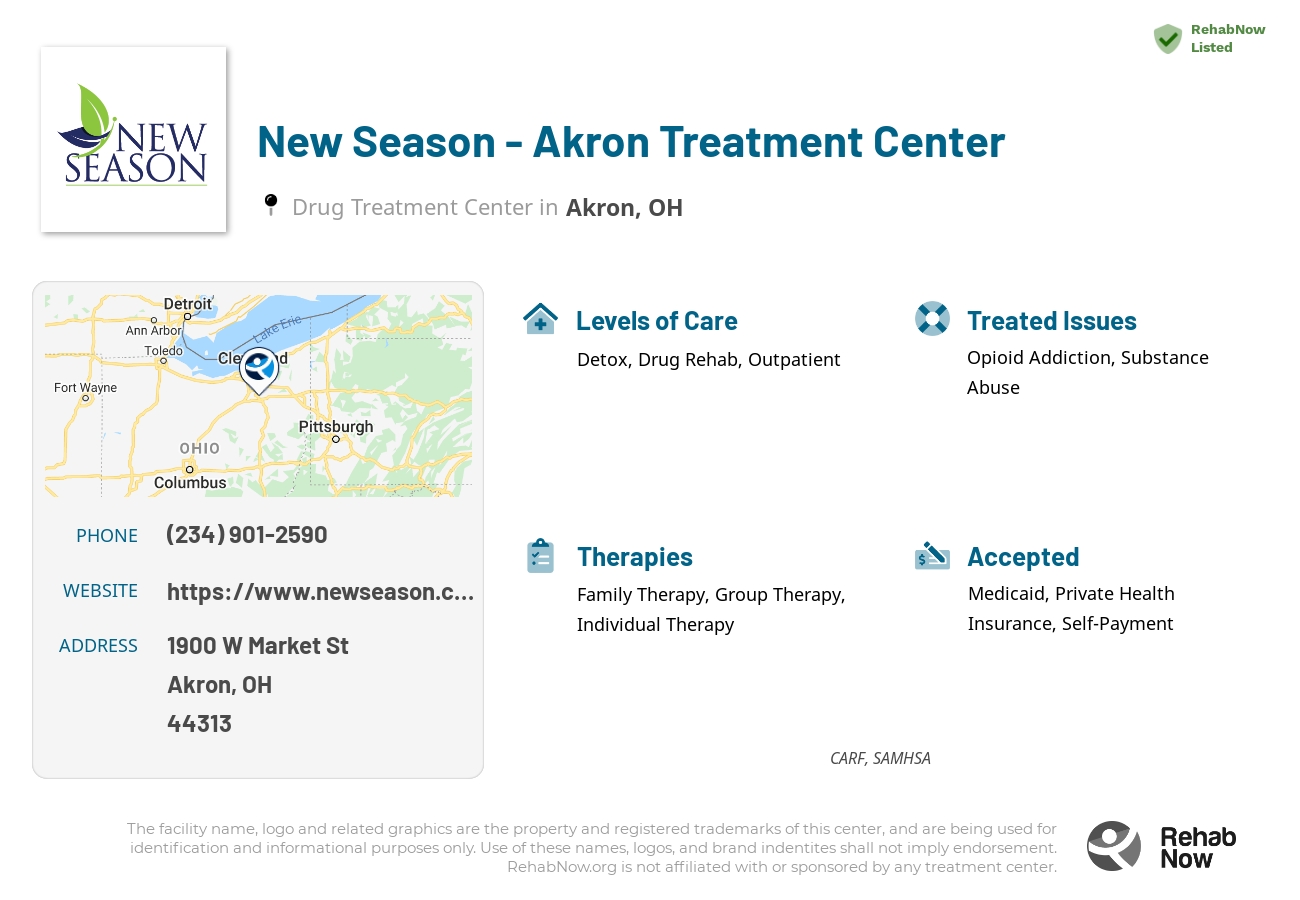 Helpful reference information for New Season - Akron Treatment Center, a drug treatment center in Ohio located at: 1900 West Market Street Suite 100, Akron, OH, 44313, including phone numbers, official website, and more. Listed briefly is an overview of Levels of Care, Therapies Offered, Issues Treated, and accepted forms of Payment Methods.