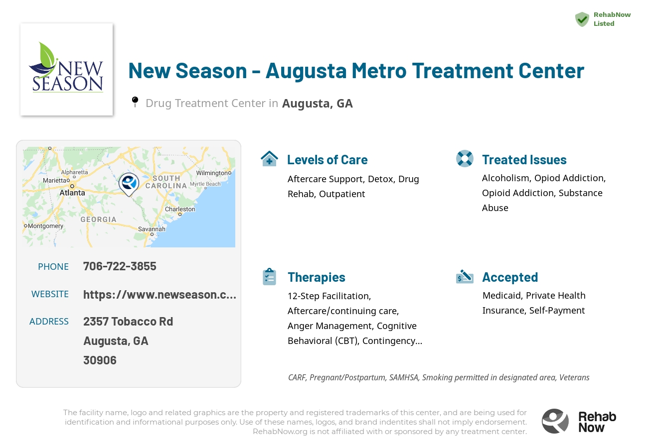 Helpful reference information for New Season - Augusta Metro Treatment Center, a drug treatment center in Georgia located at: 2357 Tobacco Rd, Augusta, GA 30906, including phone numbers, official website, and more. Listed briefly is an overview of Levels of Care, Therapies Offered, Issues Treated, and accepted forms of Payment Methods.