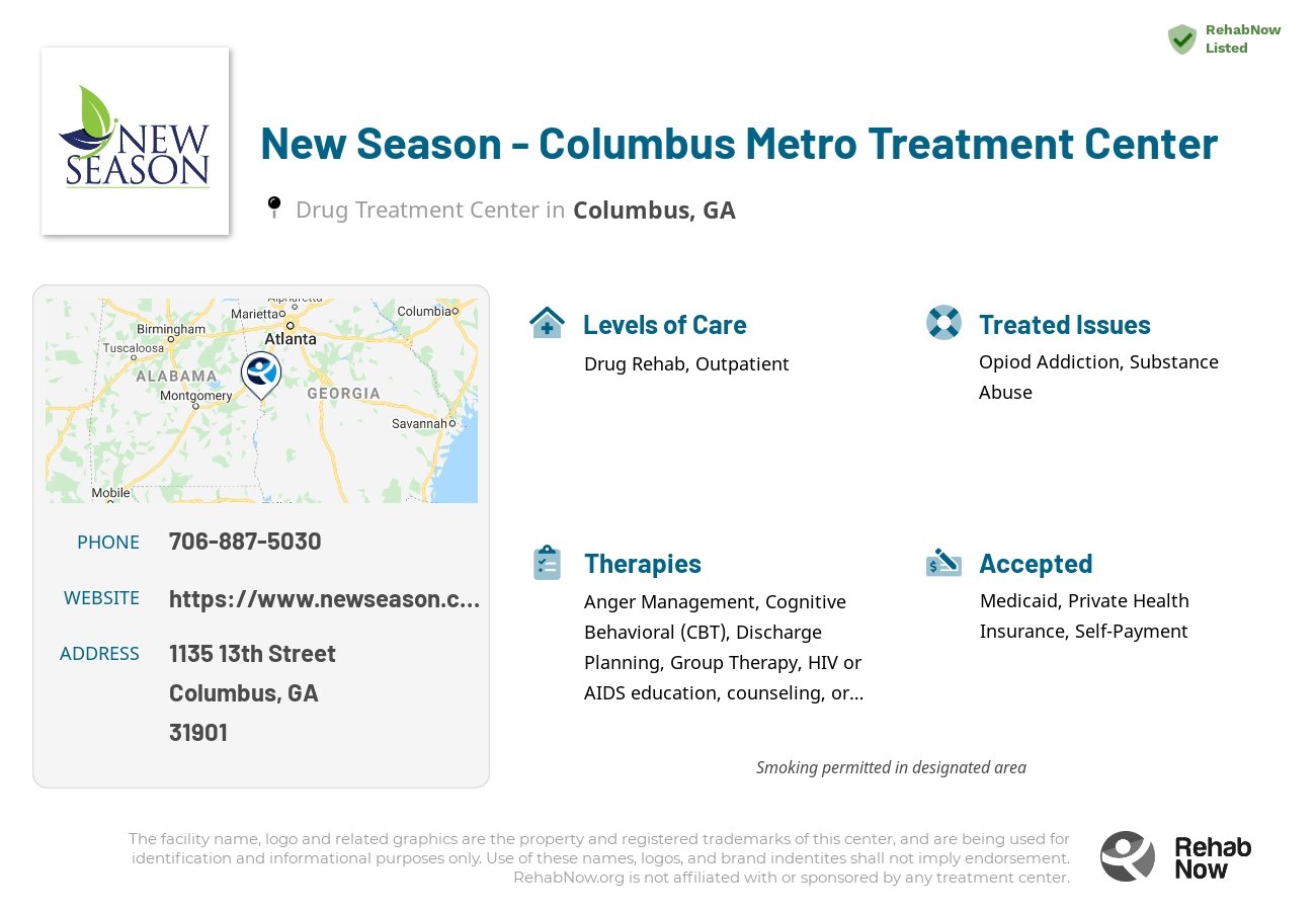 Helpful reference information for New Season - Columbus Metro Treatment Center, a drug treatment center in Georgia located at: 1135 13th Street, Columbus, GA 31901, including phone numbers, official website, and more. Listed briefly is an overview of Levels of Care, Therapies Offered, Issues Treated, and accepted forms of Payment Methods.