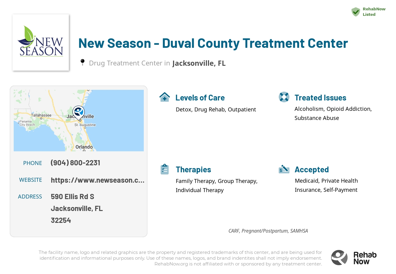 Helpful reference information for New Season - Duval County Treatment Center, a drug treatment center in Florida located at: 590 Ellis Rd S Building 4, Jacksonville, FL, 32254, including phone numbers, official website, and more. Listed briefly is an overview of Levels of Care, Therapies Offered, Issues Treated, and accepted forms of Payment Methods.