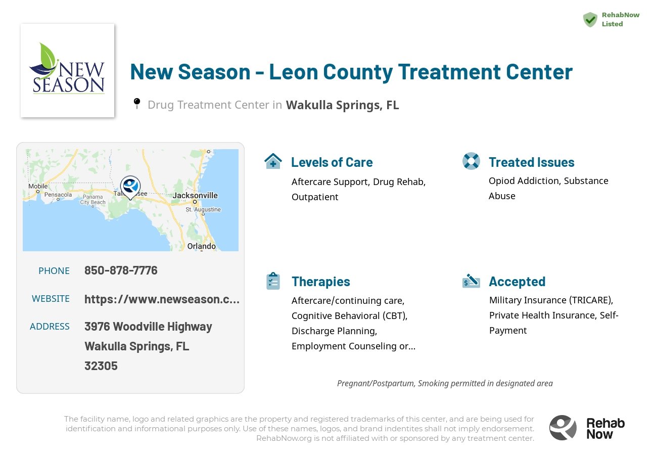 Helpful reference information for New Season - Leon County Treatment Center, a drug treatment center in Florida located at: 3976 Woodville Highway, Wakulla Springs, FL 32305, including phone numbers, official website, and more. Listed briefly is an overview of Levels of Care, Therapies Offered, Issues Treated, and accepted forms of Payment Methods.