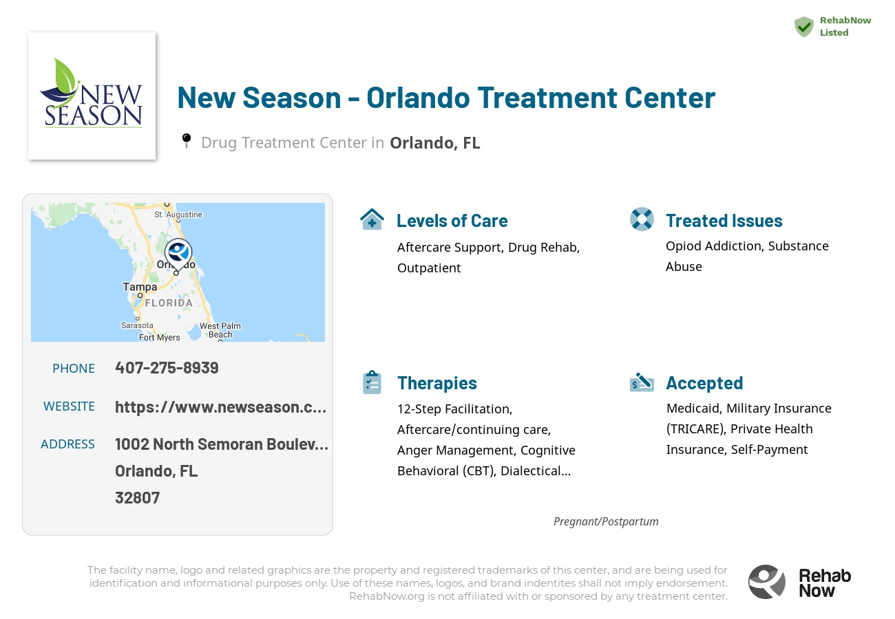 Helpful reference information for New Season - Orlando Treatment Center, a drug treatment center in Florida located at: 1002 North Semoran Boulevard, Orlando, FL 32807, including phone numbers, official website, and more. Listed briefly is an overview of Levels of Care, Therapies Offered, Issues Treated, and accepted forms of Payment Methods.