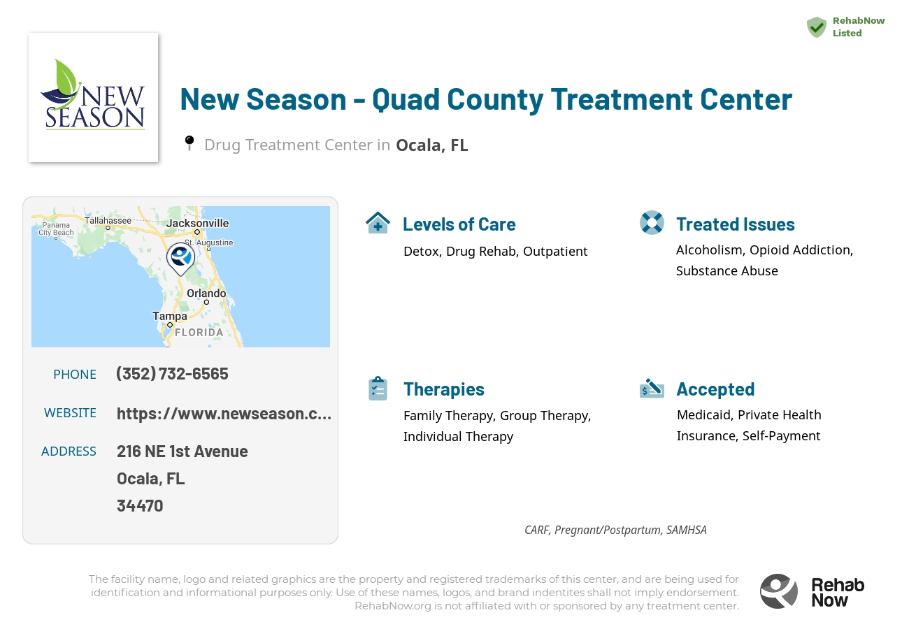 Helpful reference information for New Season - Quad County Treatment Center, a drug treatment center in Florida located at: 216 NE 1st Avenue, Ocala, FL 34470, including phone numbers, official website, and more. Listed briefly is an overview of Levels of Care, Therapies Offered, Issues Treated, and accepted forms of Payment Methods.