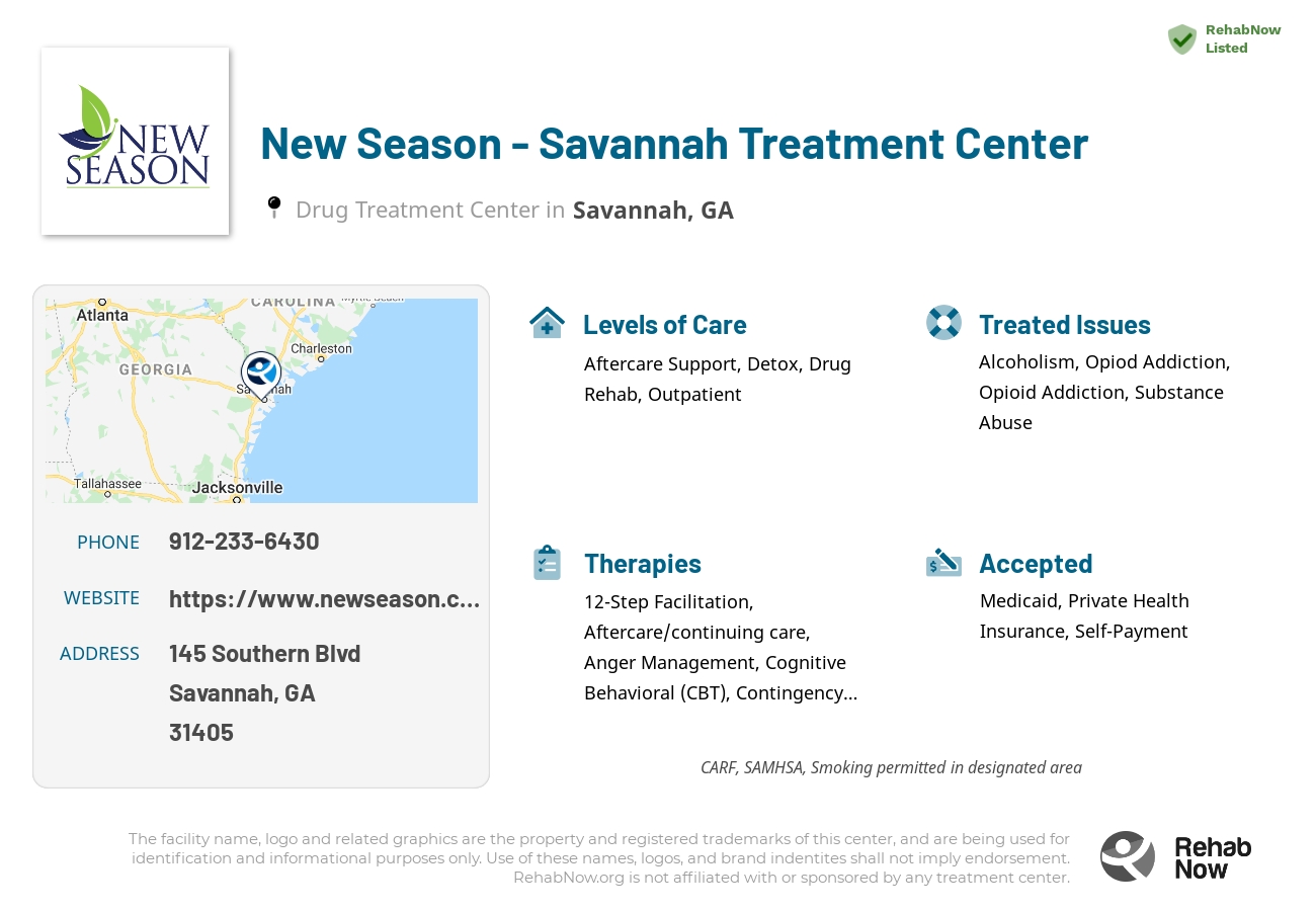 Helpful reference information for New Season - Savannah Treatment Center, a drug treatment center in Georgia located at: 145 Southern Blvd, Savannah, GA 31405, including phone numbers, official website, and more. Listed briefly is an overview of Levels of Care, Therapies Offered, Issues Treated, and accepted forms of Payment Methods.