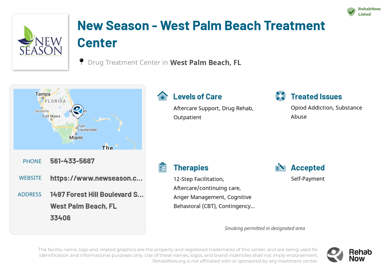 Helpful reference information for New Season - West Palm Beach Treatment Center, a drug treatment center in Florida located at: 1497 Forest Hill Boulevard Suite E, West Palm Beach, FL 33406, including phone numbers, official website, and more. Listed briefly is an overview of Levels of Care, Therapies Offered, Issues Treated, and accepted forms of Payment Methods.