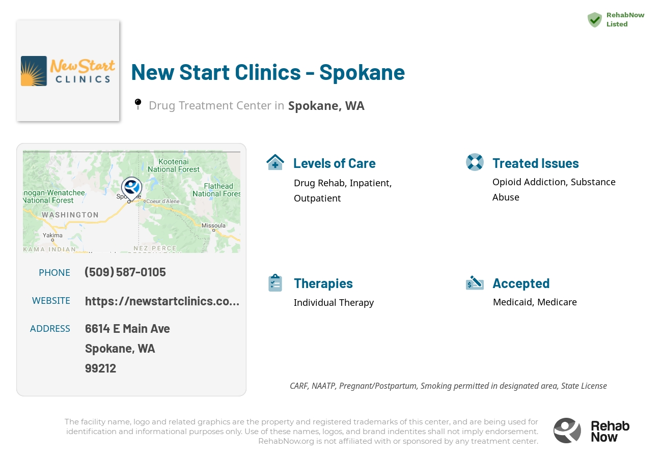 Helpful reference information for New Start Clinics - Spokane, a drug treatment center in Washington located at: 6614 E Main Ave, Spokane, WA, 99212, including phone numbers, official website, and more. Listed briefly is an overview of Levels of Care, Therapies Offered, Issues Treated, and accepted forms of Payment Methods.