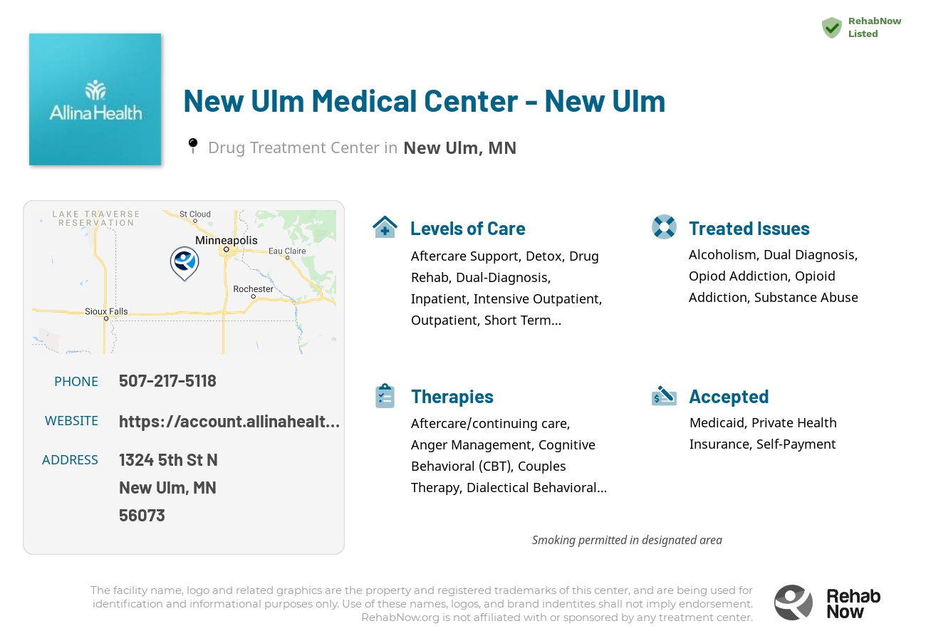 Helpful reference information for New Ulm Medical Center - New Ulm, a drug treatment center in Minnesota located at: 1324 5th St N, New Ulm, MN 56073, including phone numbers, official website, and more. Listed briefly is an overview of Levels of Care, Therapies Offered, Issues Treated, and accepted forms of Payment Methods.