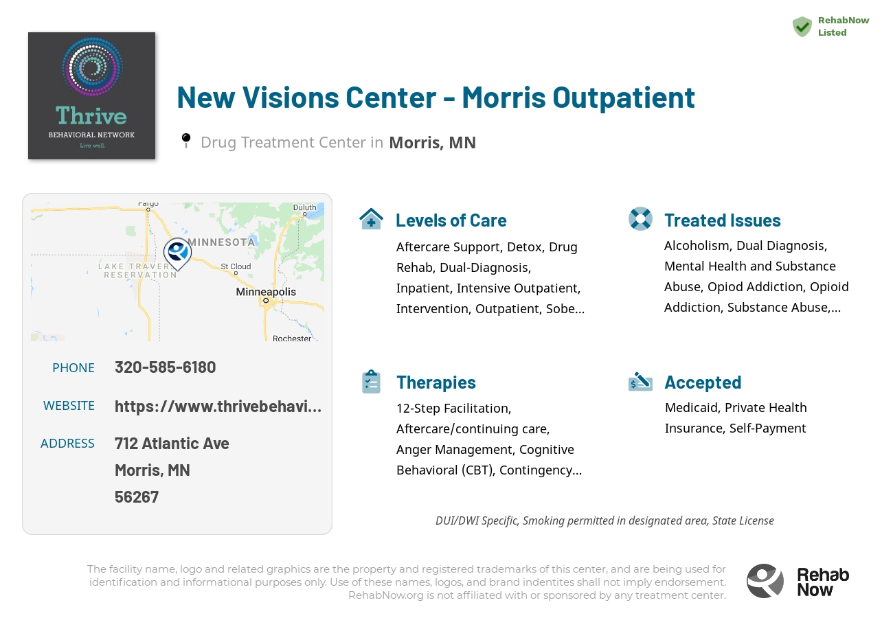 Helpful reference information for New Visions Center - Morris Outpatient, a drug treatment center in Minnesota located at: 712 Atlantic Ave, Morris, MN 56267, including phone numbers, official website, and more. Listed briefly is an overview of Levels of Care, Therapies Offered, Issues Treated, and accepted forms of Payment Methods.