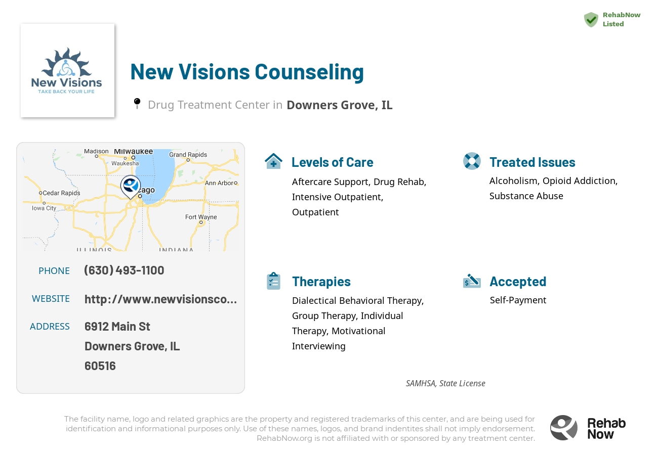 Helpful reference information for New Visions Counseling, a drug treatment center in Illinois located at: 6912 Main St, Downers Grove, IL 60516, including phone numbers, official website, and more. Listed briefly is an overview of Levels of Care, Therapies Offered, Issues Treated, and accepted forms of Payment Methods.