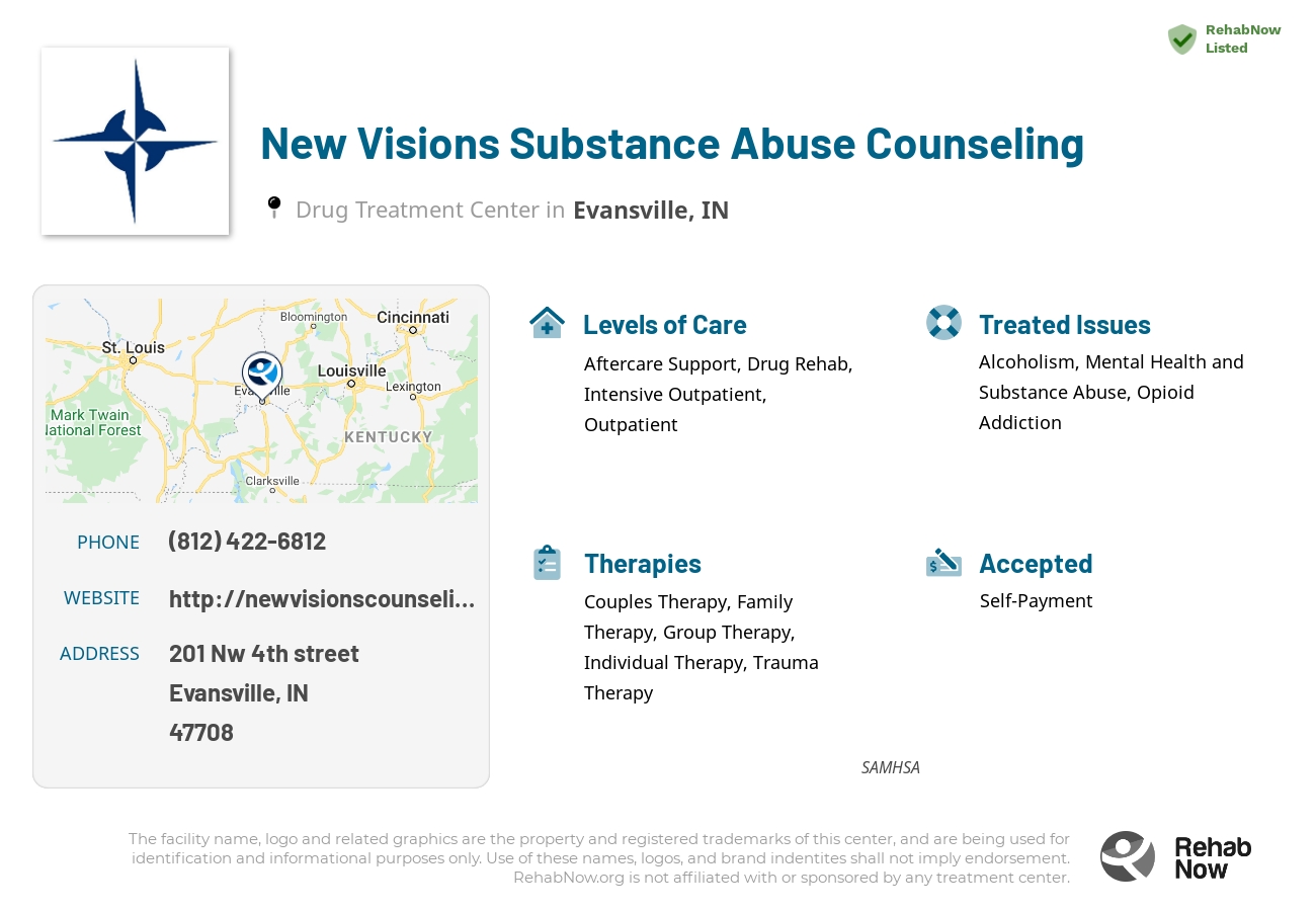 Helpful reference information for New Visions Substance Abuse Counseling, a drug treatment center in Indiana located at: 201 Nw 4th street, Evansville, IN, 47708, including phone numbers, official website, and more. Listed briefly is an overview of Levels of Care, Therapies Offered, Issues Treated, and accepted forms of Payment Methods.