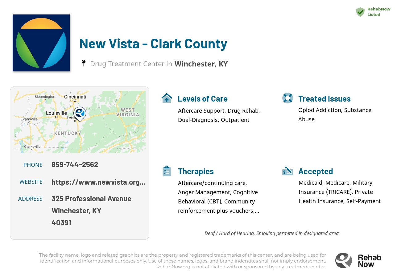 Helpful reference information for New Vista - Clark County, a drug treatment center in Kentucky located at: 325 Professional Avenue, Winchester, KY 40391, including phone numbers, official website, and more. Listed briefly is an overview of Levels of Care, Therapies Offered, Issues Treated, and accepted forms of Payment Methods.