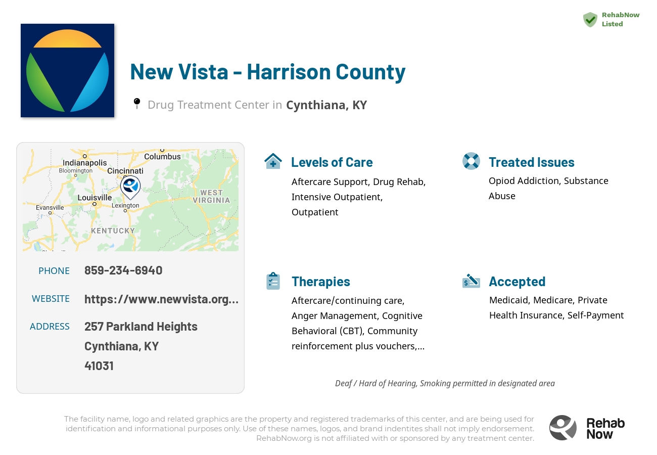 Helpful reference information for New Vista - Harrison County, a drug treatment center in Kentucky located at: 257 Parkland Heights, Cynthiana, KY 41031, including phone numbers, official website, and more. Listed briefly is an overview of Levels of Care, Therapies Offered, Issues Treated, and accepted forms of Payment Methods.