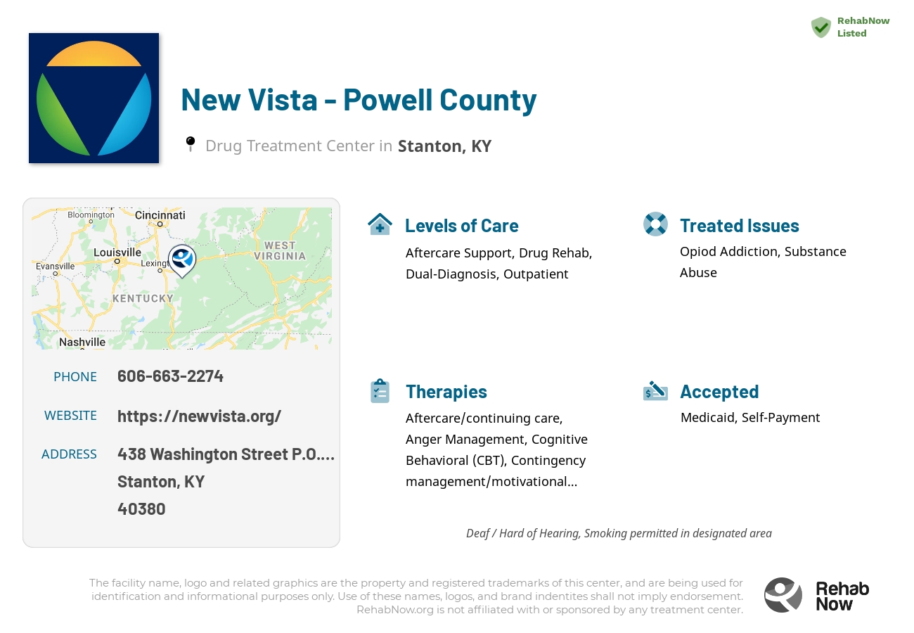Helpful reference information for New Vista - Powell County, a drug treatment center in Kentucky located at: 438 Washington Street P.O. Box 515, Stanton, KY 40380, including phone numbers, official website, and more. Listed briefly is an overview of Levels of Care, Therapies Offered, Issues Treated, and accepted forms of Payment Methods.