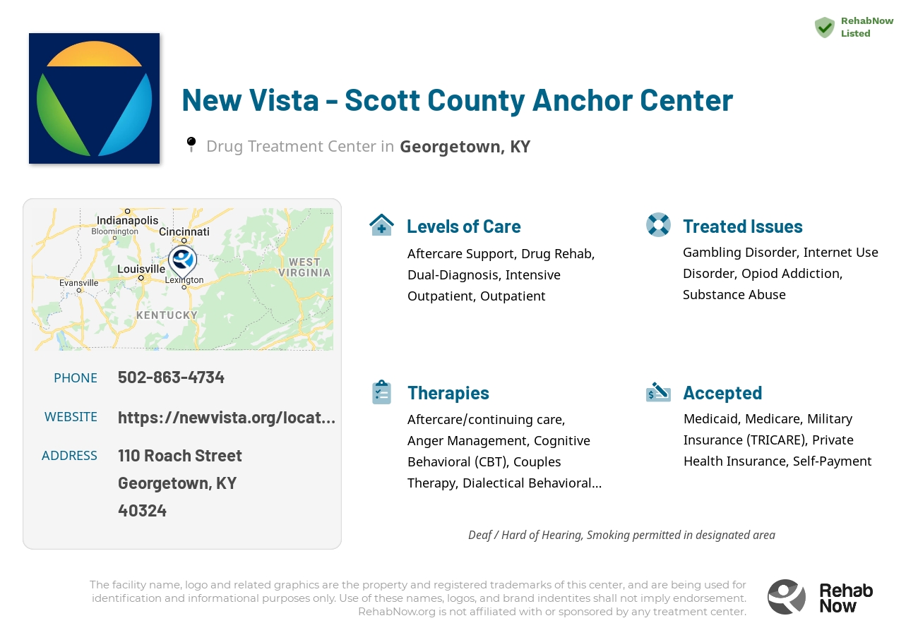Helpful reference information for New Vista - Scott County Anchor Center, a drug treatment center in Kentucky located at: 110 Roach Street, Georgetown, KY 40324, including phone numbers, official website, and more. Listed briefly is an overview of Levels of Care, Therapies Offered, Issues Treated, and accepted forms of Payment Methods.