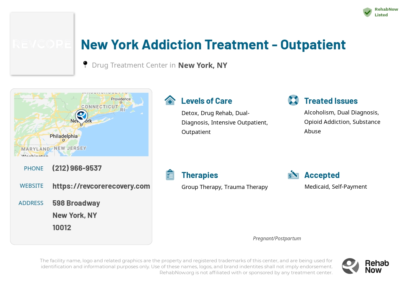 Helpful reference information for New York Addiction Treatment - Outpatient, a drug treatment center in New York located at: 598 Broadway, New York, NY 10012, including phone numbers, official website, and more. Listed briefly is an overview of Levels of Care, Therapies Offered, Issues Treated, and accepted forms of Payment Methods.