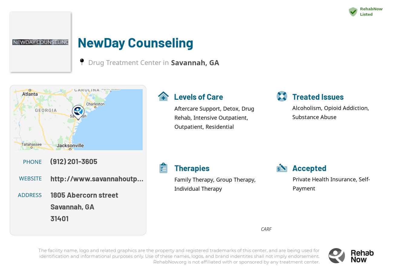 Helpful reference information for NewDay Counseling, a drug treatment center in Georgia located at: 1805 1805 Abercorn street, Savannah, GA 31401, including phone numbers, official website, and more. Listed briefly is an overview of Levels of Care, Therapies Offered, Issues Treated, and accepted forms of Payment Methods.