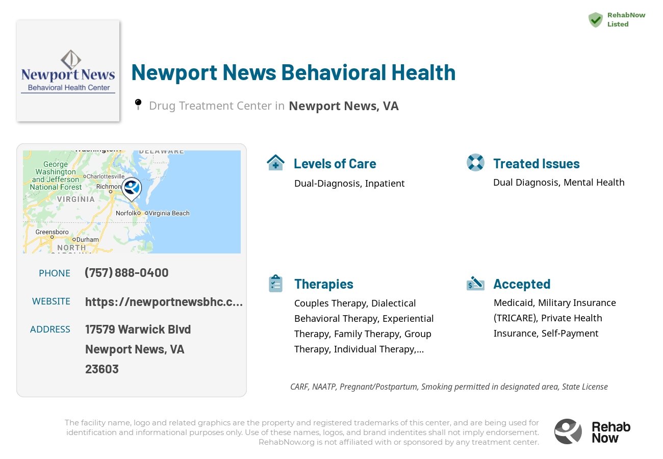 Helpful reference information for Newport News Behavioral Health, a drug treatment center in Virginia located at: 17579 Warwick Blvd, Newport News, VA 23603, including phone numbers, official website, and more. Listed briefly is an overview of Levels of Care, Therapies Offered, Issues Treated, and accepted forms of Payment Methods.