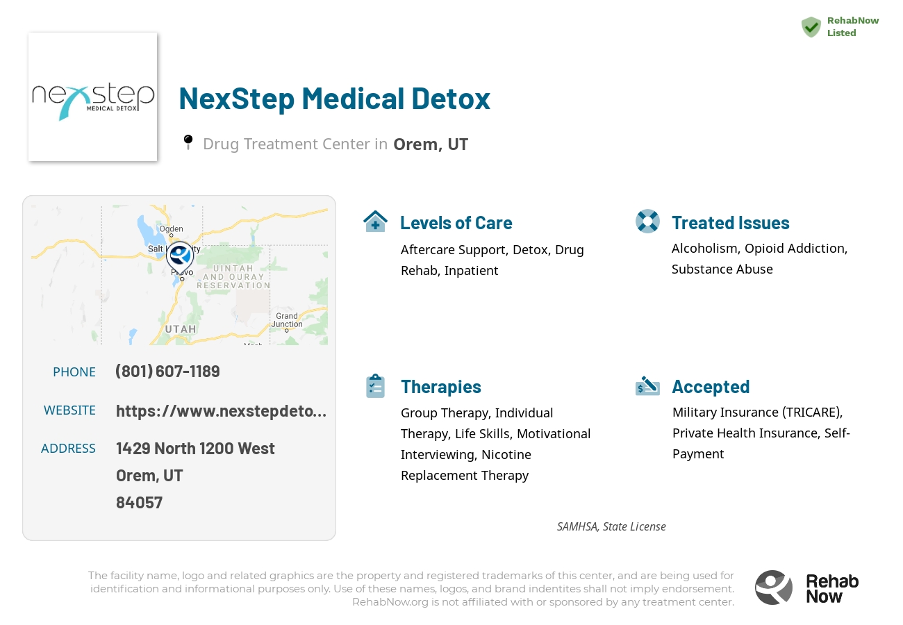 Helpful reference information for NexStep Medical Detox, a drug treatment center in Utah located at: 1429 1429 North 1200 West, Orem, UT 84057, including phone numbers, official website, and more. Listed briefly is an overview of Levels of Care, Therapies Offered, Issues Treated, and accepted forms of Payment Methods.