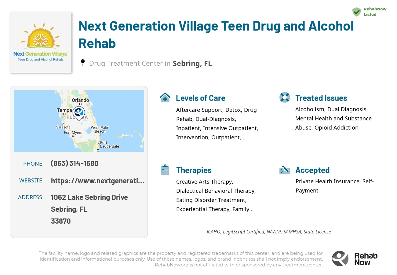 Helpful reference information for Next Generation Village Teen Drug and Alcohol Rehab, a drug treatment center in Florida located at: 1062 Lake Sebring Drive, Sebring, FL, 33870, including phone numbers, official website, and more. Listed briefly is an overview of Levels of Care, Therapies Offered, Issues Treated, and accepted forms of Payment Methods.