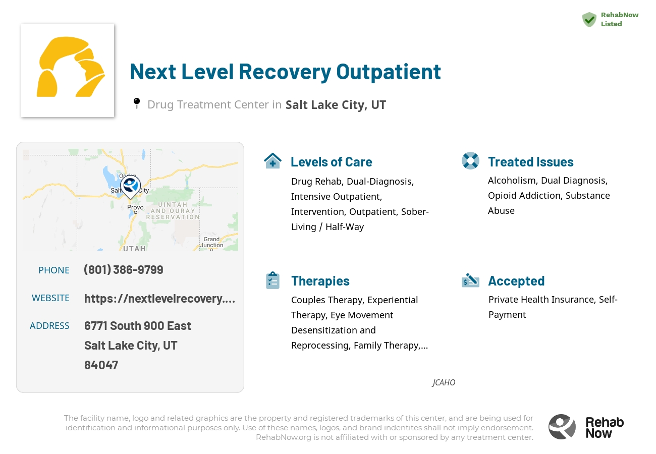 Helpful reference information for Next Level Recovery Outpatient, a drug treatment center in Utah located at: 6771 6771 South 900 East, Salt Lake City, UT 84047, including phone numbers, official website, and more. Listed briefly is an overview of Levels of Care, Therapies Offered, Issues Treated, and accepted forms of Payment Methods.