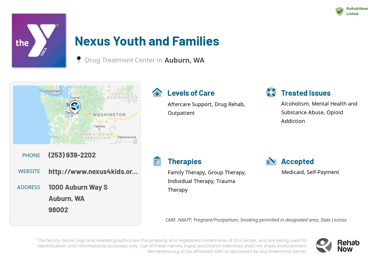 Helpful reference information for Nexus Youth and Families, a drug treatment center in Washington located at: 1000 Auburn Way S, Auburn, WA 98002, including phone numbers, official website, and more. Listed briefly is an overview of Levels of Care, Therapies Offered, Issues Treated, and accepted forms of Payment Methods.