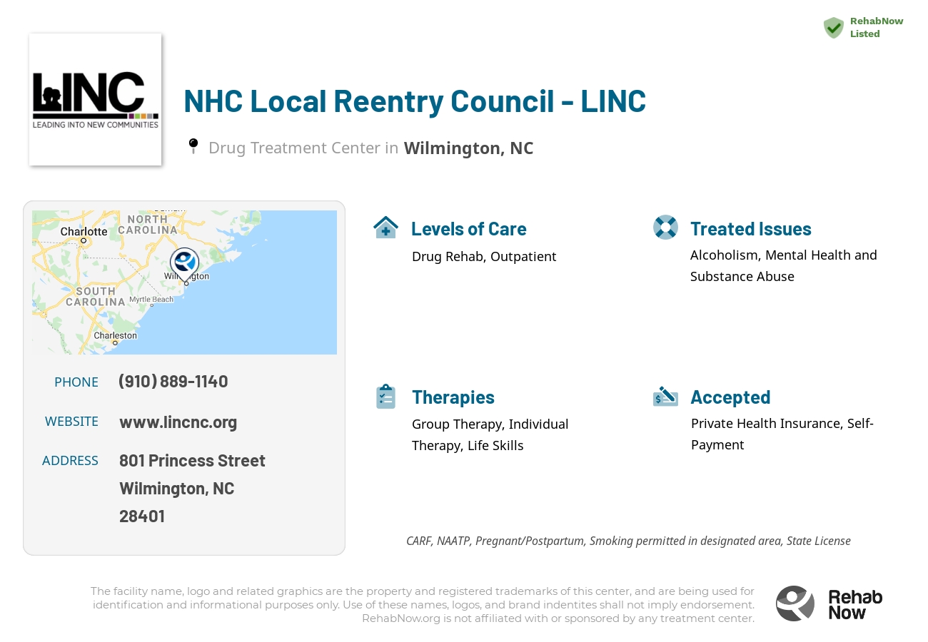 Helpful reference information for NHC Local Reentry Council - LINC, a drug treatment center in North Carolina located at: 801 Princess Street, Wilmington, NC, 28401, including phone numbers, official website, and more. Listed briefly is an overview of Levels of Care, Therapies Offered, Issues Treated, and accepted forms of Payment Methods.