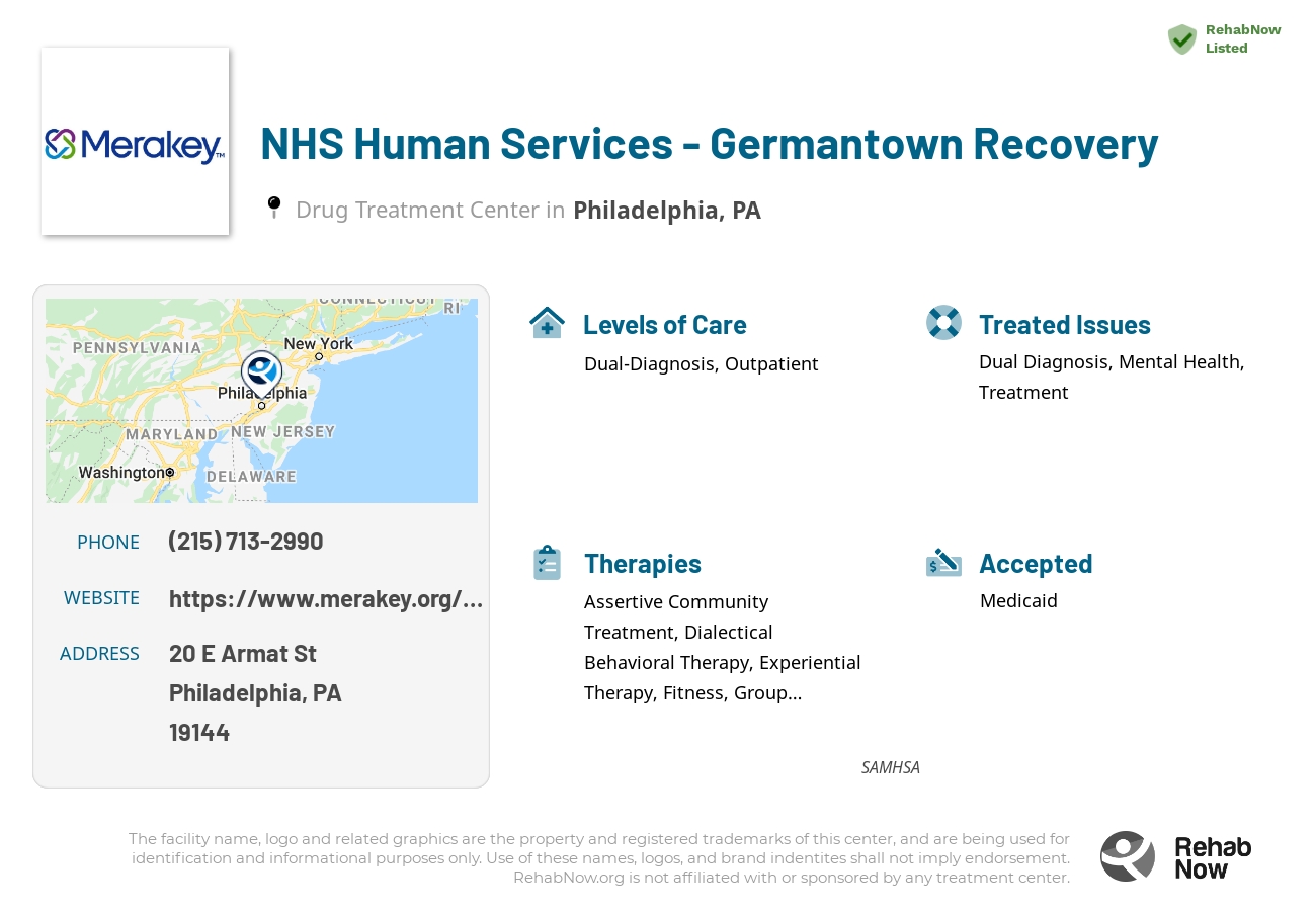 Helpful reference information for NHS Human Services - Germantown Recovery, a drug treatment center in Pennsylvania located at: 20 E Armat St, Philadelphia, PA 19144, including phone numbers, official website, and more. Listed briefly is an overview of Levels of Care, Therapies Offered, Issues Treated, and accepted forms of Payment Methods.