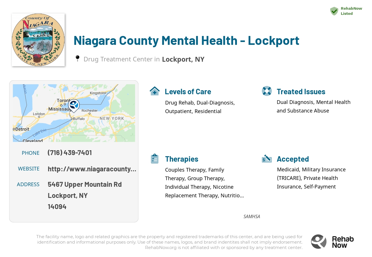 Helpful reference information for Niagara County Mental Health - Lockport, a drug treatment center in New York located at: 5467 Upper Mountain Rd, Lockport, NY 14094, including phone numbers, official website, and more. Listed briefly is an overview of Levels of Care, Therapies Offered, Issues Treated, and accepted forms of Payment Methods.